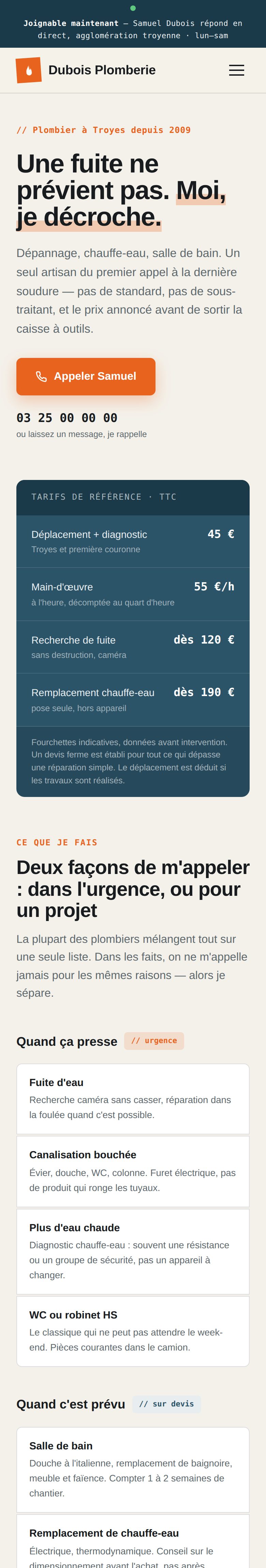 La démo Plomberie Dubois défile sur un iPhone